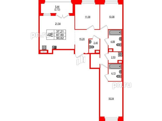 Квартира в ЖК Ranta Residence, 3 комнатная, 90.62 м², 3 этаж