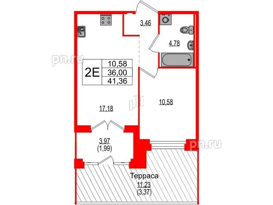 Квартира в ЖК Ranta Residence, 1 комнатная, 41.36 м², 2 этаж