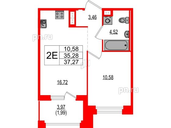 Квартира в ЖК Ranta Residence, 1 комнатная, 37.27 м², 3 этаж