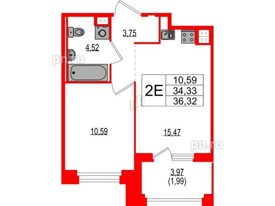 Квартира в ЖК Ranta Residence, 1 комнатная, 36.32 м², 3 этаж