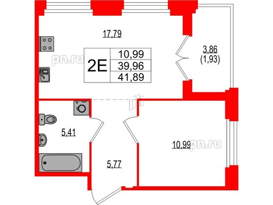 Квартира в ЖК Ranta Residence, 1 комнатная, 41.89 м², 2 этаж