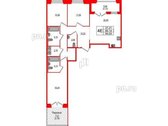 Квартира в ЖК Ranta Residence, 3 комнатная, 94.05 м², 2 этаж