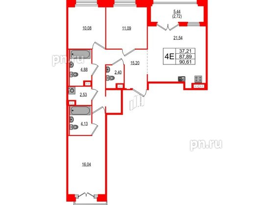 Квартира в ЖК Ranta Residence, 3 комнатная, 90.61 м², 3 этаж