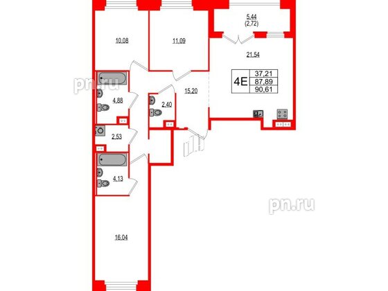 Квартира в ЖК Ranta Residence, 3 комнатная, 90.61 м², 4 этаж