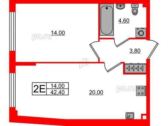 Квартира в ЖК Измайловский, 1 комнатная, 42.4 м², 2 этаж