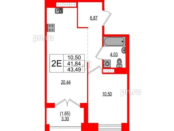 Квартира в ЖК Ranta Residence, 1 комнатная, 43.49 м², 3 этаж