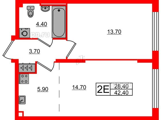 Квартира в ЖК Измайловский, 1 комнатная, 42.4 м², 2 этаж