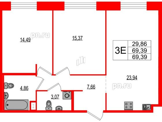 Квартира в ЖК Ranta Residence, 2 комнатная, 69.39 м², 2 этаж