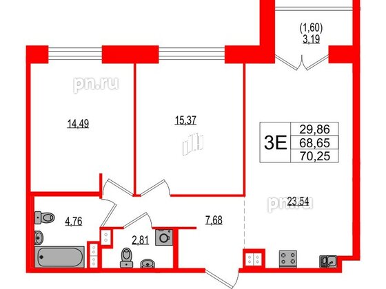 Квартира в ЖК Ranta Residence, 2 комнатная, 70.25 м², 3 этаж