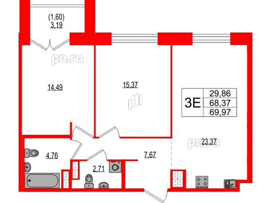 Квартира в ЖК Ranta Residence, 2 комнатная, 69.97 м², 4 этаж