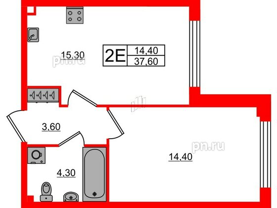 Квартира в ЖК Измайловский, 1 комнатная, 37.6 м², 2 этаж