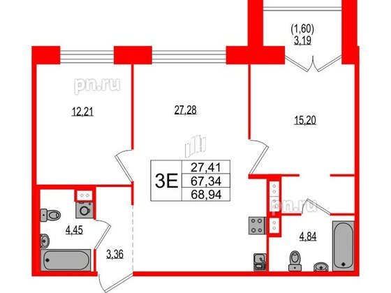 Квартира в ЖК Ranta Residence, 2 комнатная, 68.94 м², 2 этаж