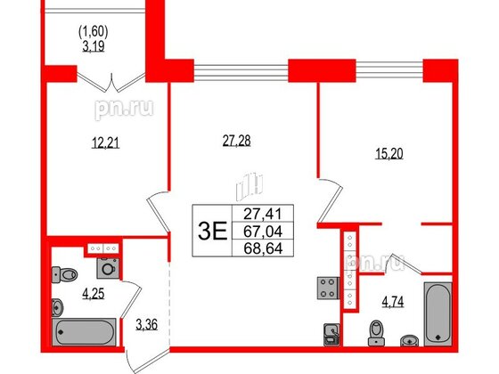 Квартира в ЖК Ranta Residence, 2 комнатная, 68.64 м², 3 этаж