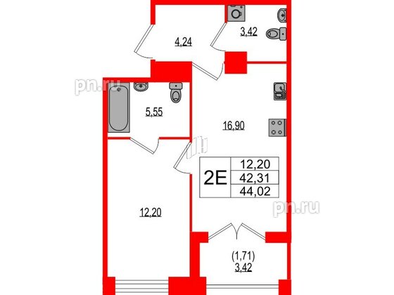 Квартира в ЖК Ranta Residence, 1 комнатная, 44.02 м², 1 этаж