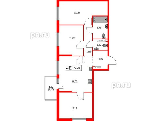 Квартира в ЖК А101 Лаголово, 3 комнатная, 73.3 м², 4 этаж