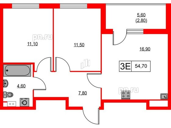 Квартира в ЖК А101 Лаголово, 2 комнатная, 54.7 м², 3 этаж