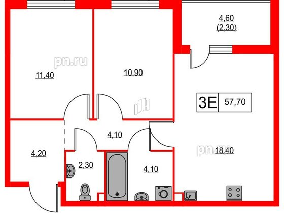 Квартира в ЖК А101 Лаголово, 2 комнатная, 57.7 м², 2 этаж