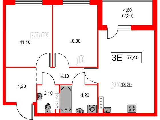 Квартира в ЖК А101 Лаголово, 2 комнатная, 57.4 м², 3 этаж