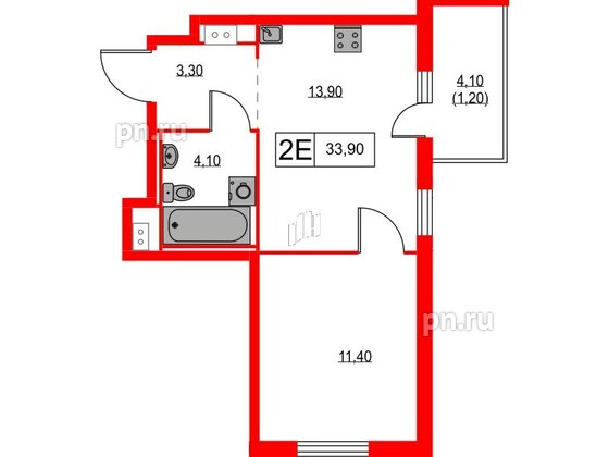 Квартира в ЖК А101 Лаголово, 1 комнатная, 33.9 м², 3 этаж