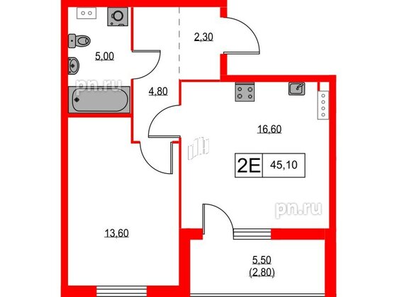 Квартира в ЖК А101 Лаголово, 1 комнатная, 45.1 м², 7 этаж
