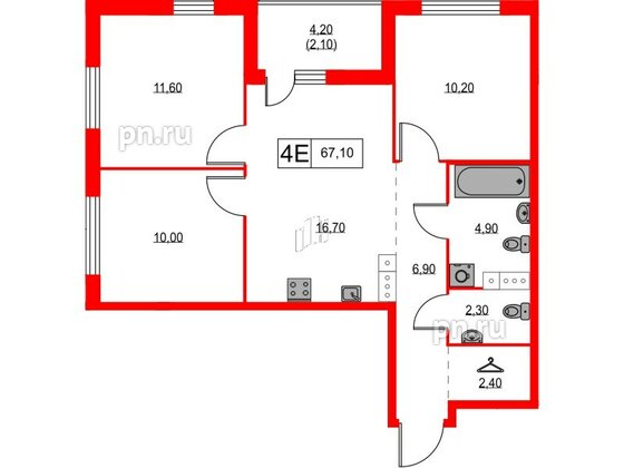 Квартира в ЖК А101 Лаголово, 3 комнатная, 67.1 м², 13 этаж