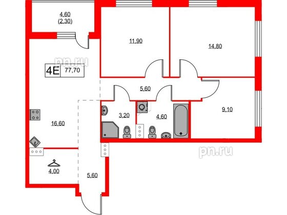 Квартира в ЖК А101 Лаголово, 3 комнатная, 77.7 м², 6 этаж