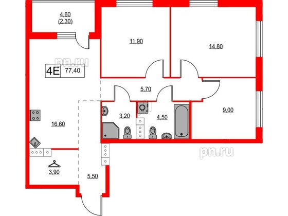 Квартира в ЖК А101 Лаголово, 3 комнатная, 77.4 м², 9 этаж