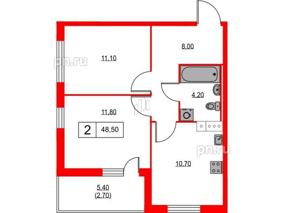 Квартира в ЖК А101 Лаголово, 2 комнатная, 48.5 м², 10 этаж