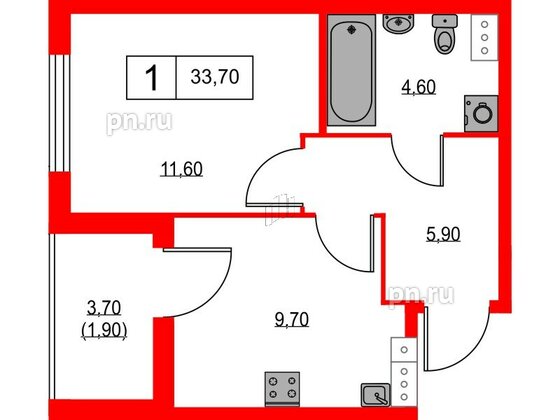 Квартира в ЖК А101 Лаголово, 1 комнатная, 33.7 м², 9 этаж