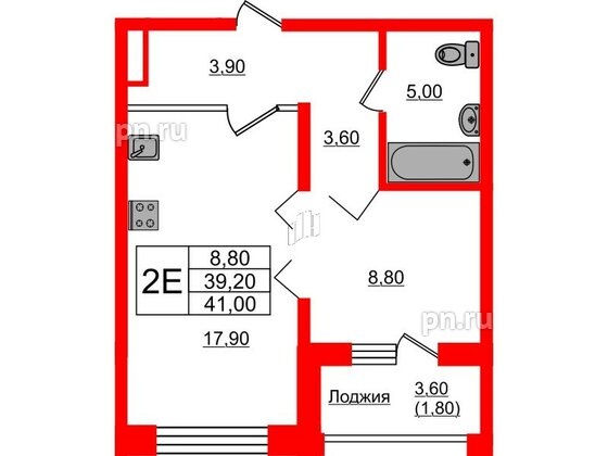 Квартира в ЖК Сибирь, 1 комнатная, 41 м², 2 этаж