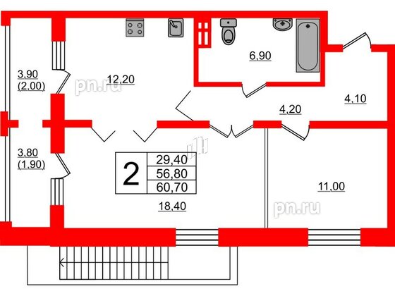 Квартира в ЖК Сибирь, 2 комнатная, 60.7 м², 1 этаж