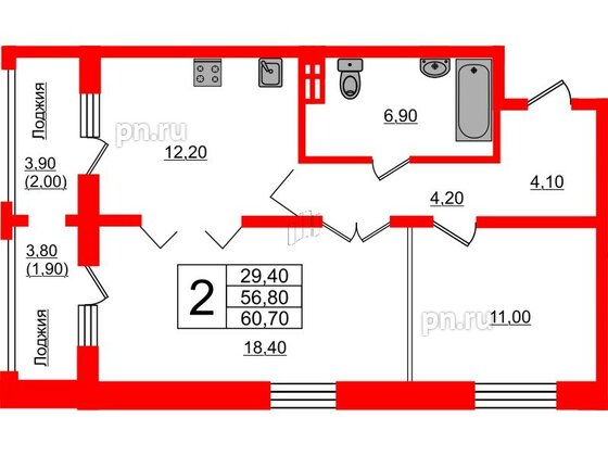 Квартира в ЖК Сибирь, 2 комнатная, 60.7 м², 2 этаж