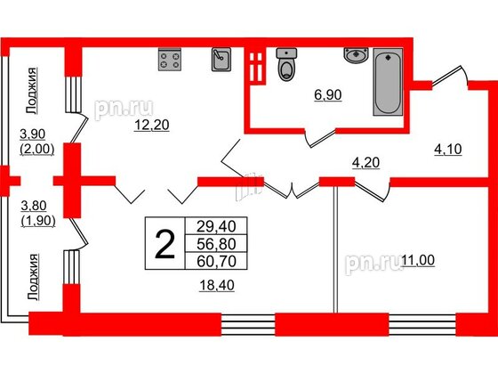 Квартира в ЖК Сибирь, 2 комнатная, 60.7 м², 5 этаж