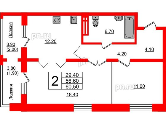 Квартира в ЖК Сибирь, 2 комнатная, 60.5 м², 9 этаж