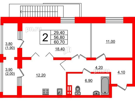 Квартира в ЖК Сибирь, 2 комнатная, 60.7 м², 1 этаж