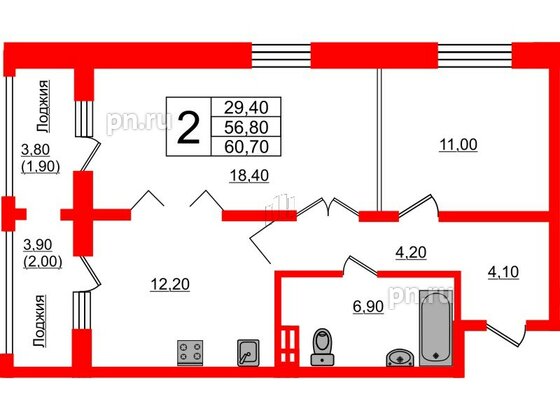 Квартира в ЖК Сибирь, 2 комнатная, 60.7 м², 2 этаж