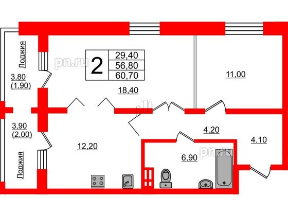 Квартира в ЖК Сибирь, 2 комнатная, 60.7 м², 6 этаж