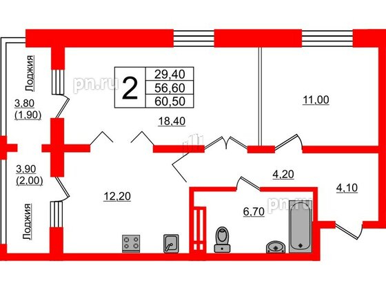 Квартира в ЖК Сибирь, 2 комнатная, 60.5 м², 9 этаж