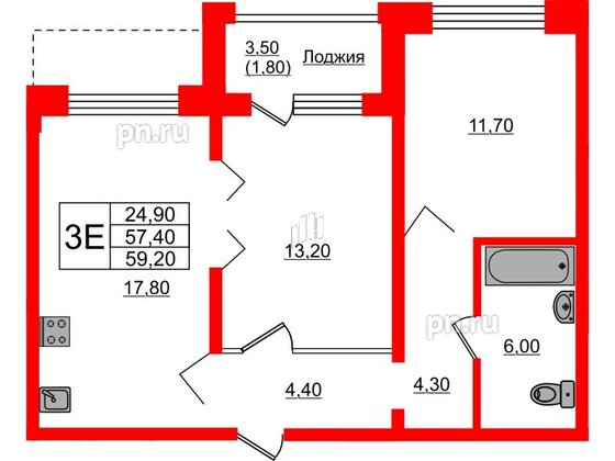 Квартира в ЖК Сибирь, 2 комнатная, 59.2 м², 2 этаж