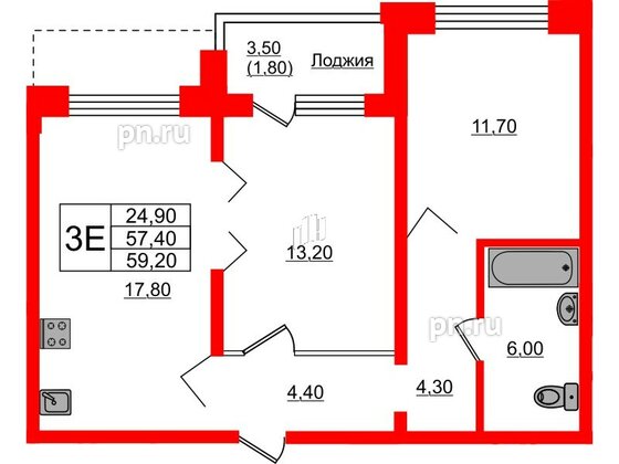 Квартира в ЖК Сибирь, 2 комнатная, 59.2 м², 5 этаж