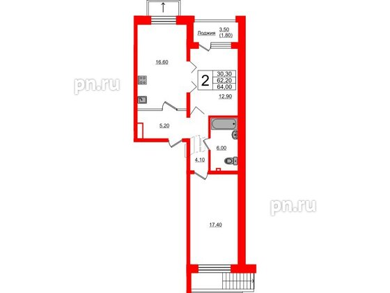 Квартира в ЖК «Сибирь», 2 комнатная, 64 м², 1 этаж