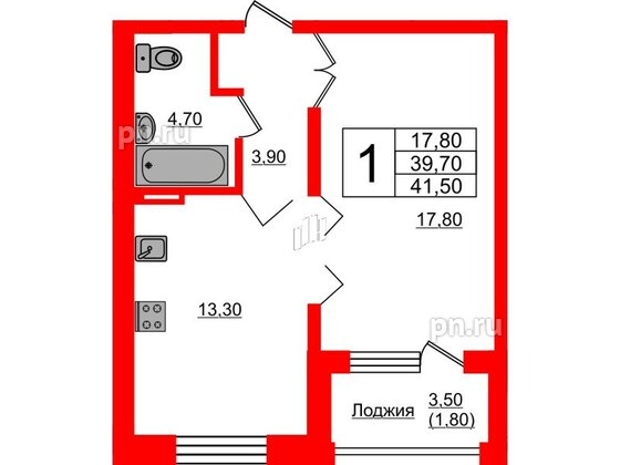 Квартира в ЖК Сибирь, 1 комнатная, 41.5 м², 1 этаж