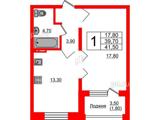 Квартира в ЖК Сибирь, 1 комнатная, 41.5 м², 2 этаж