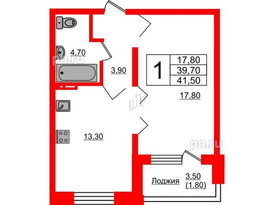 Квартира в ЖК Сибирь, 1 комнатная, 41.5 м², 5 этаж