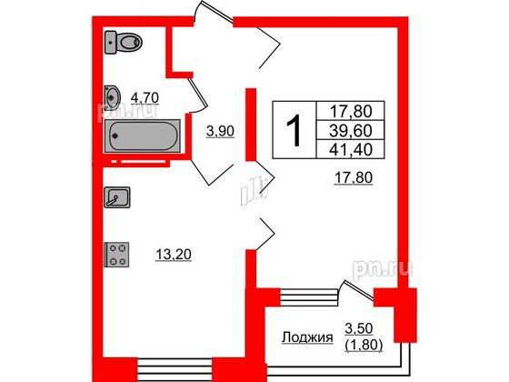 Квартира в ЖК Сибирь, 1 комнатная, 41.4 м², 10 этаж