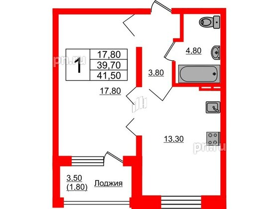 Квартира в ЖК Сибирь, 1 комнатная, 41.5 м², 2 этаж