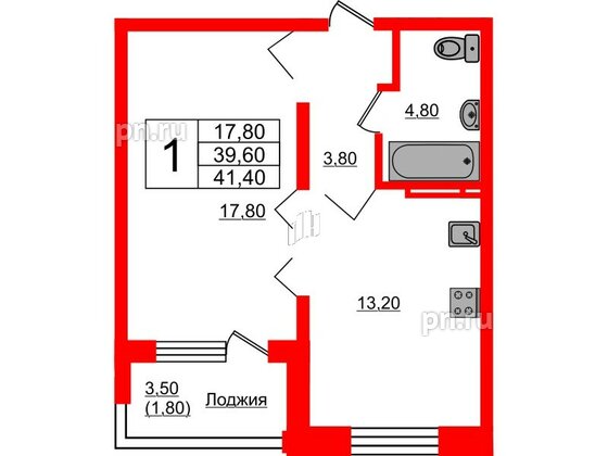 Квартира в ЖК Сибирь, 1 комнатная, 41.4 м², 9 этаж