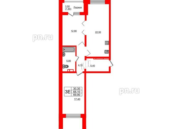 Квартира в ЖК Сибирь, 2 комнатная, 69.9 м², 2 этаж