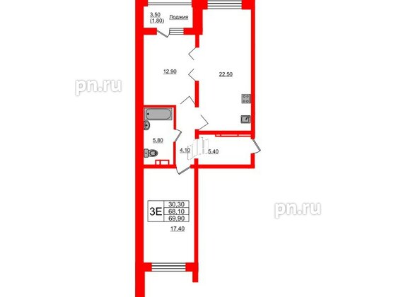 Квартира в ЖК Сибирь, 2 комнатная, 69.9 м², 5 этаж