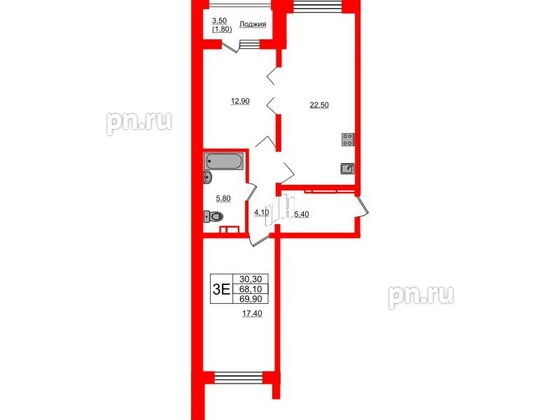 Квартира в ЖК Сибирь, 2 комнатная, 69.9 м², 9 этаж